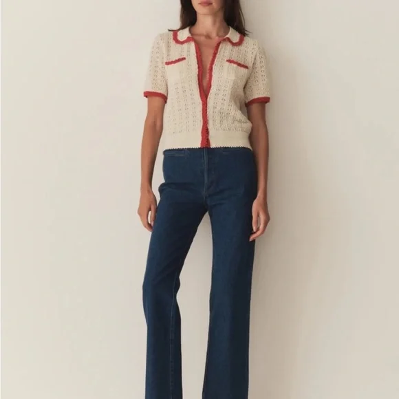 Doen Gloriana Alpaca Silk Collar Crochet Knit Button Sweater Top Moonstone Red - Picture 2 of 14